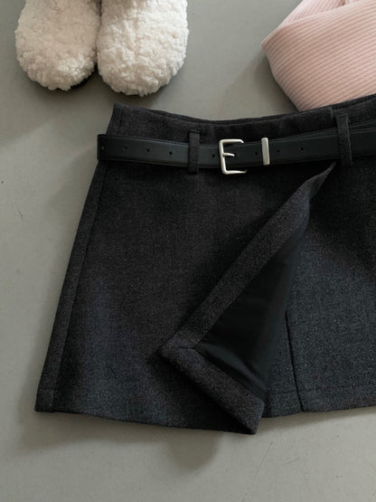 // 10%wool超拉長比例的連腰帶雙層毛呢短裙(內連內裡打底褲)