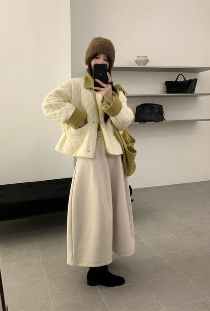 // 撞色包邊拼燈芯絨領可束腰菱格夾棉短外套(帽子可拆)