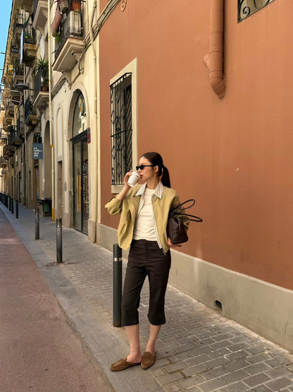 J21 / 假兩件拼接間條恤衫彷皮外套