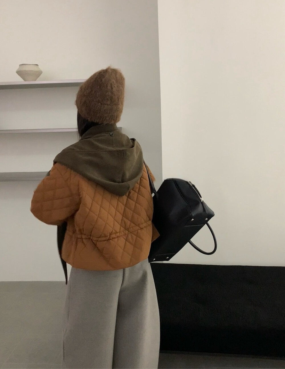 // 撞色包邊拼燈芯絨領可束腰菱格夾棉短外套(帽子可拆)