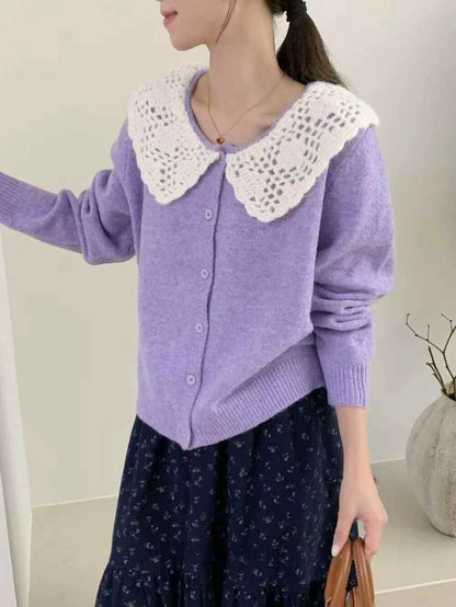 // 拼接鈎花針織翻領排扣毛衣