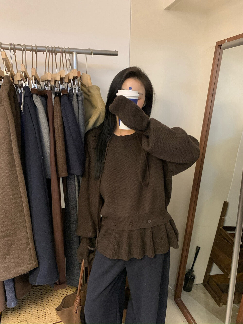 // 設計感軟糯鈕扣假兩件裙簾毛衣(連手套)