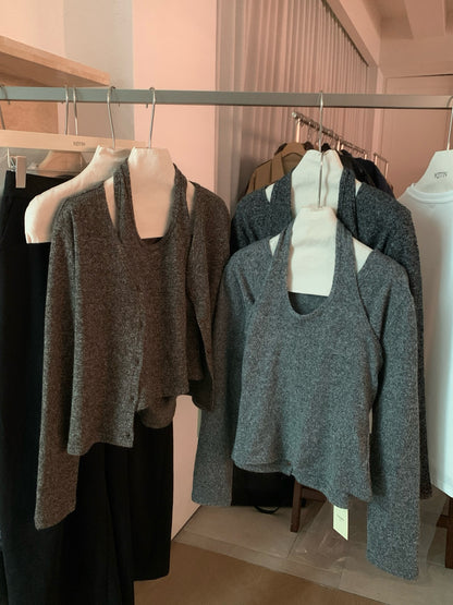 // 超韓疊穿掛頸背心+V領外套兩件套