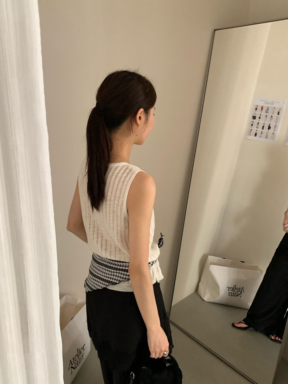 // 直坑紋假兩件排扣麻質針織背心