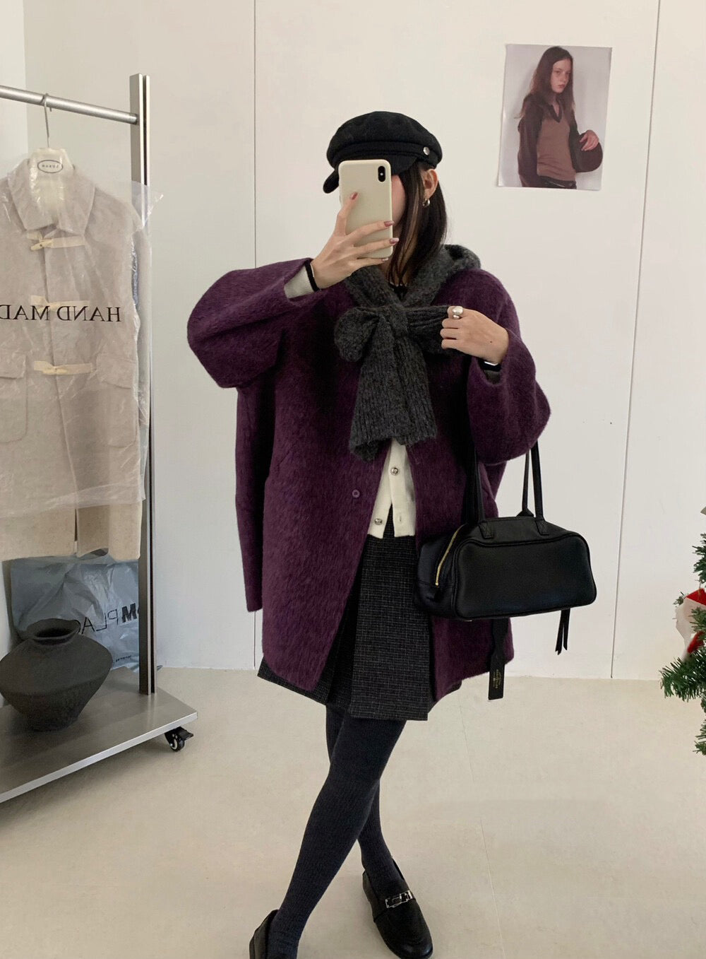 // 10%alpaca+90%wool簡約圓領手工外套(連頸巾)