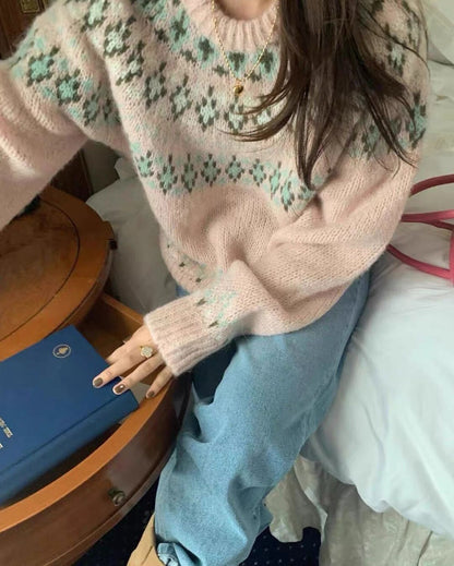 // 復古民族patterns圓領毛衣