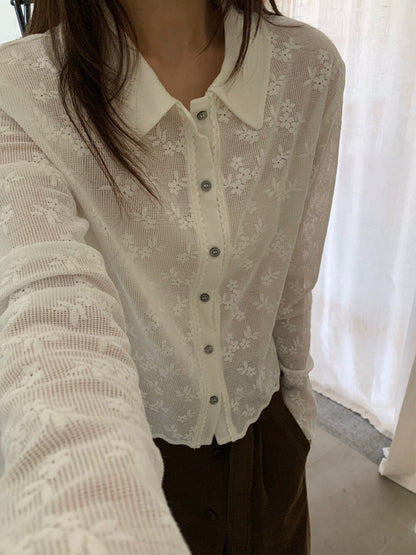 B14 / 刺繡lace花花邊腳翻領排扣上衣