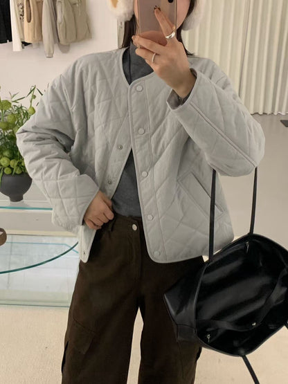 // 簡約菱格薄夾棉圓領外套