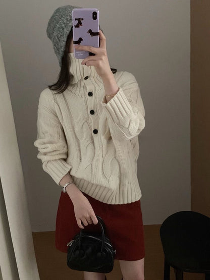 // 30%羊毛可立領鈕扣麻花毛衣