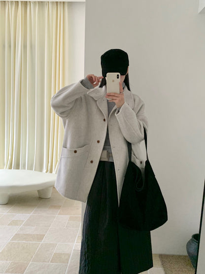 // 立領簡約風100%羊毛手工雙面中長外套