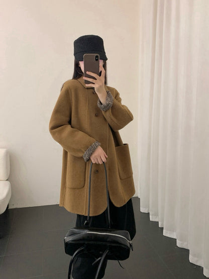 // 90%wool+10%cashmere翻領口袋中長雙面手工外套￼