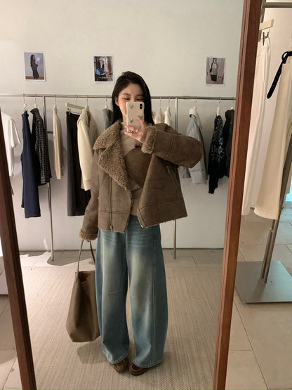 // 復古感皮毛一體做舊感皮外套