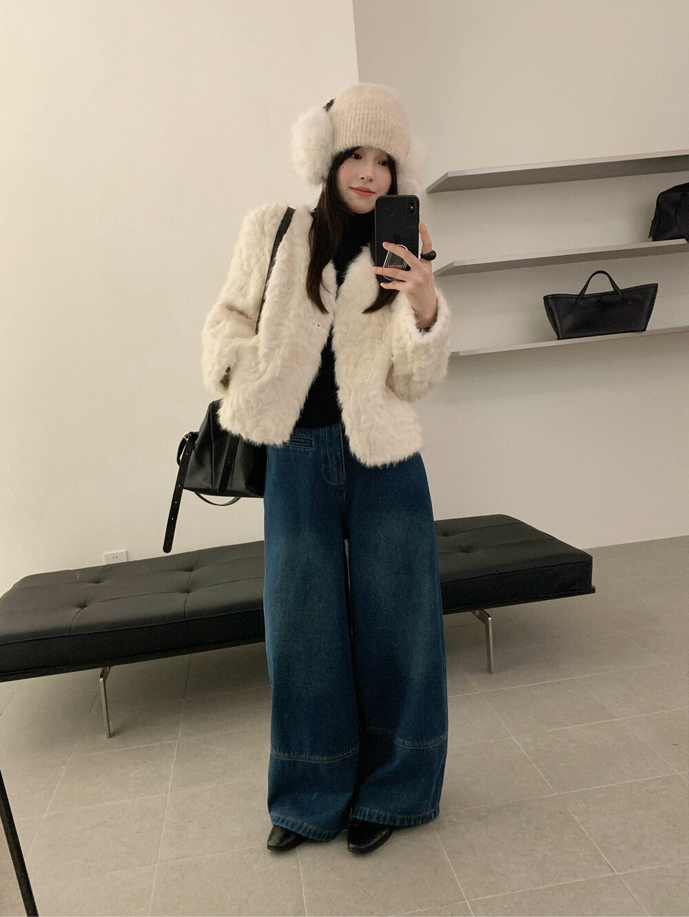 // 高級感皮毛一體V領毛毛外套