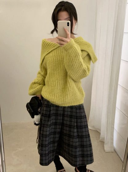 // 8%wool溫柔一字領鈕扣大翻領毛衣