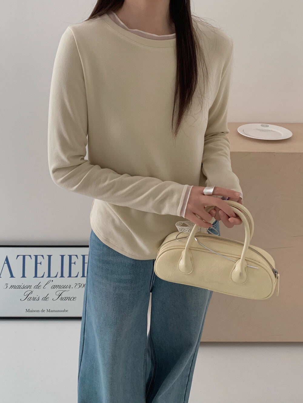 // 5%羊毛拼lace邊超舒服彈性打底上衣