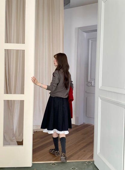 // 裙頭位超美拼接百褶腳50%羊毛中裙