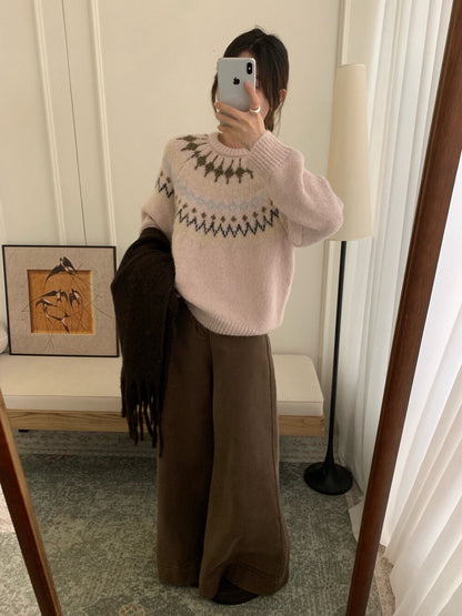 // 20%羊毛聖誕必備花紋圓領毛衣