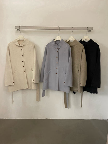 // 100%羊毛小立領排扣連腰帶雙面手工外套