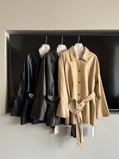 // vintage油蠟皮連腰包腰帶翻領中長外套