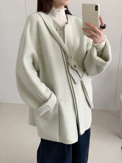 // 100%wool圓領大袋雙面毛呢外套(連袋仔)