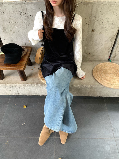 // 精緻刺繡上衣+後綁帶絲絨吊帶套裝