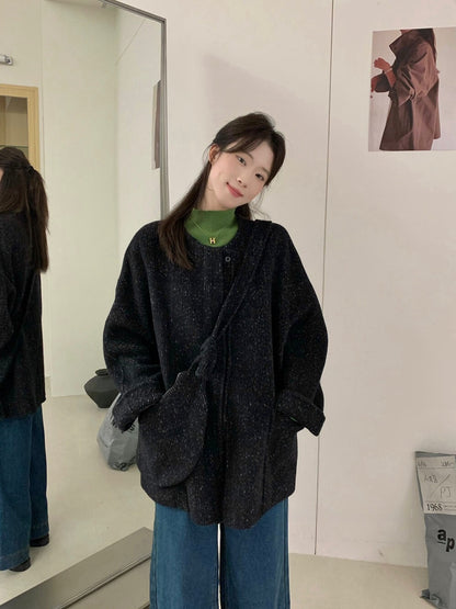 // 100%wool圓領大袋雙面毛呢外套(連袋仔)