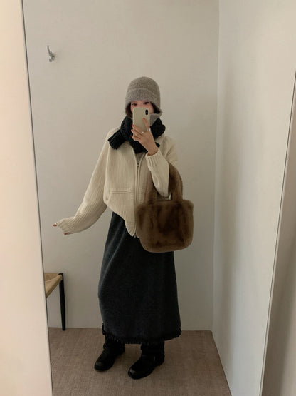 // 大口袋翻領粗棒織拉鍊CD