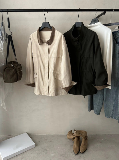 J29 / 美式復古拼燈芯絨領可束腰中長trench coat