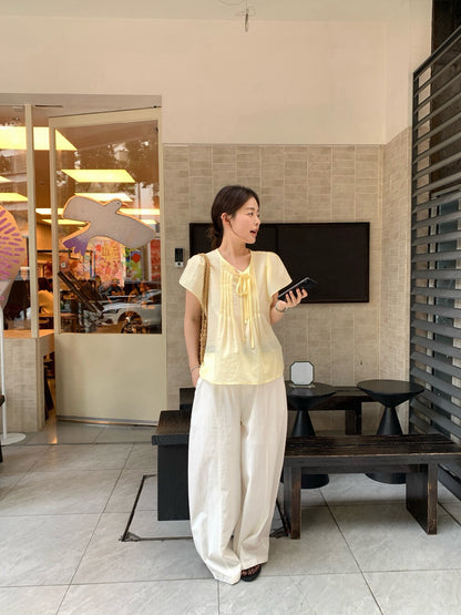 // 壓褶綁帶小飛袖BL