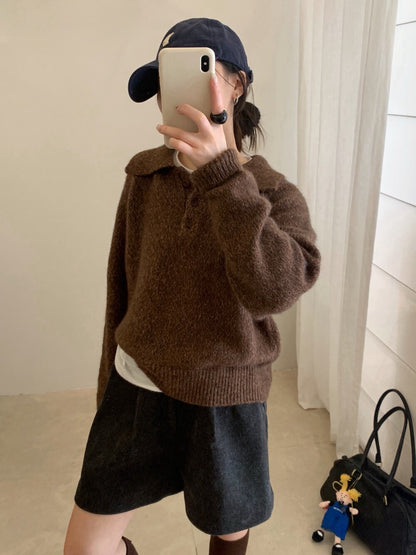 // 軟糯混兔毛花線鈕扣翻領毛衣
