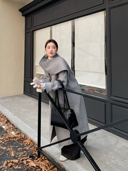// 100%wool簡約圓領手工雙面長外套(連頸巾)