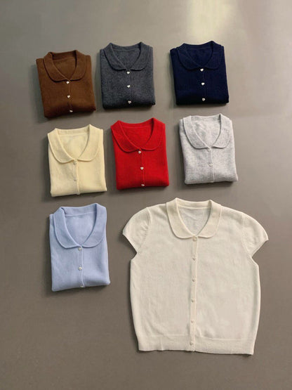 // 全羊毛心心鈕扣圓翻領小短袖NT