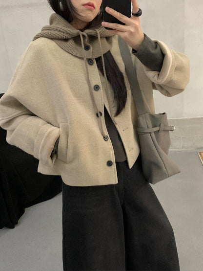 // 可拆針織帽短款圓領毛呢外套