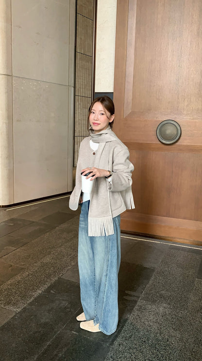 // 超韓雙口袋雙面毛呢圓領外套(連頸巾)