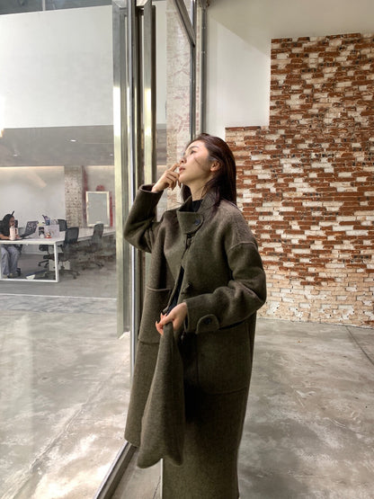 // 90%wool氣質立領長款手工羊毛外套(連袋仔)