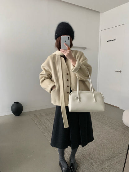 // 100%雙面羊毛handmade小V領連領帶外套