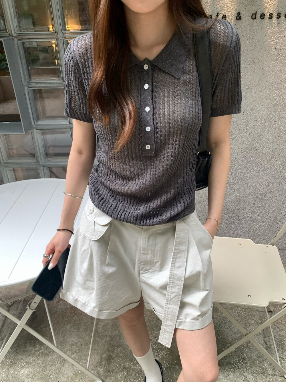 // 鏤空直織紋翻領polo NT