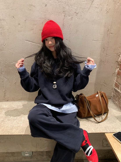 // 超韓拼接袖衛衣+褲頭拼接連針織裙簾褲套裝