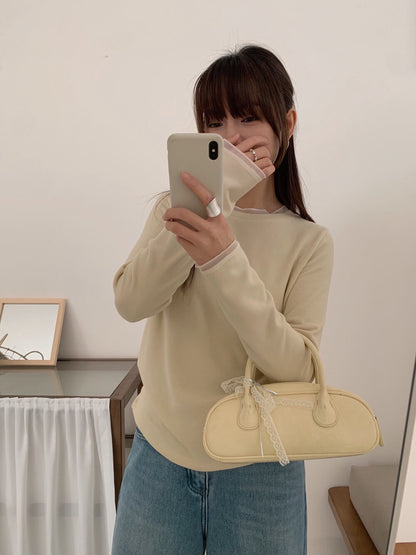 // 5%羊毛拼lace邊超舒服彈性打底上衣