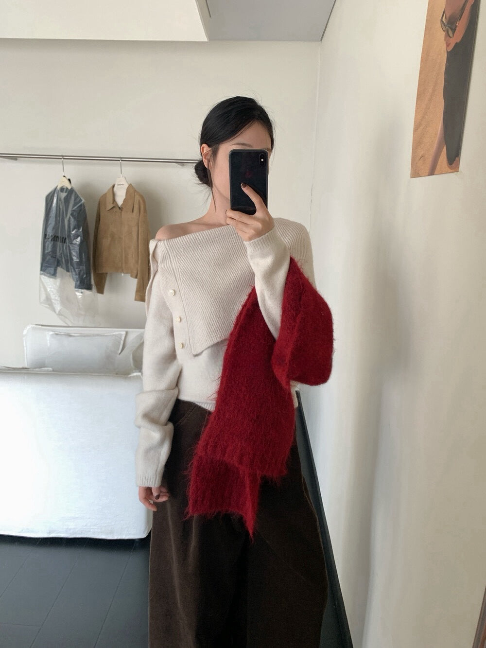 // 設計感側鈕扣雙層領一字領NT