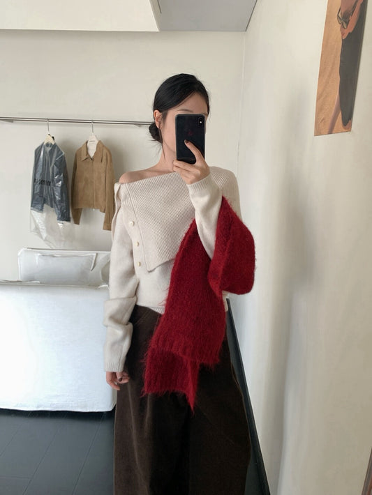 // 設計感側鈕扣雙層領一字領NT