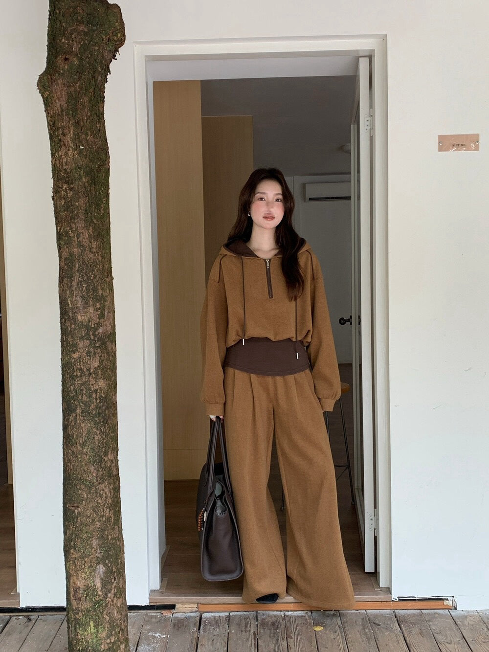 // 假兩件連帽拉鍊上衣+全長褲兩件套