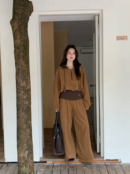 // 假兩件連帽拉鍊上衣+全長褲兩件套