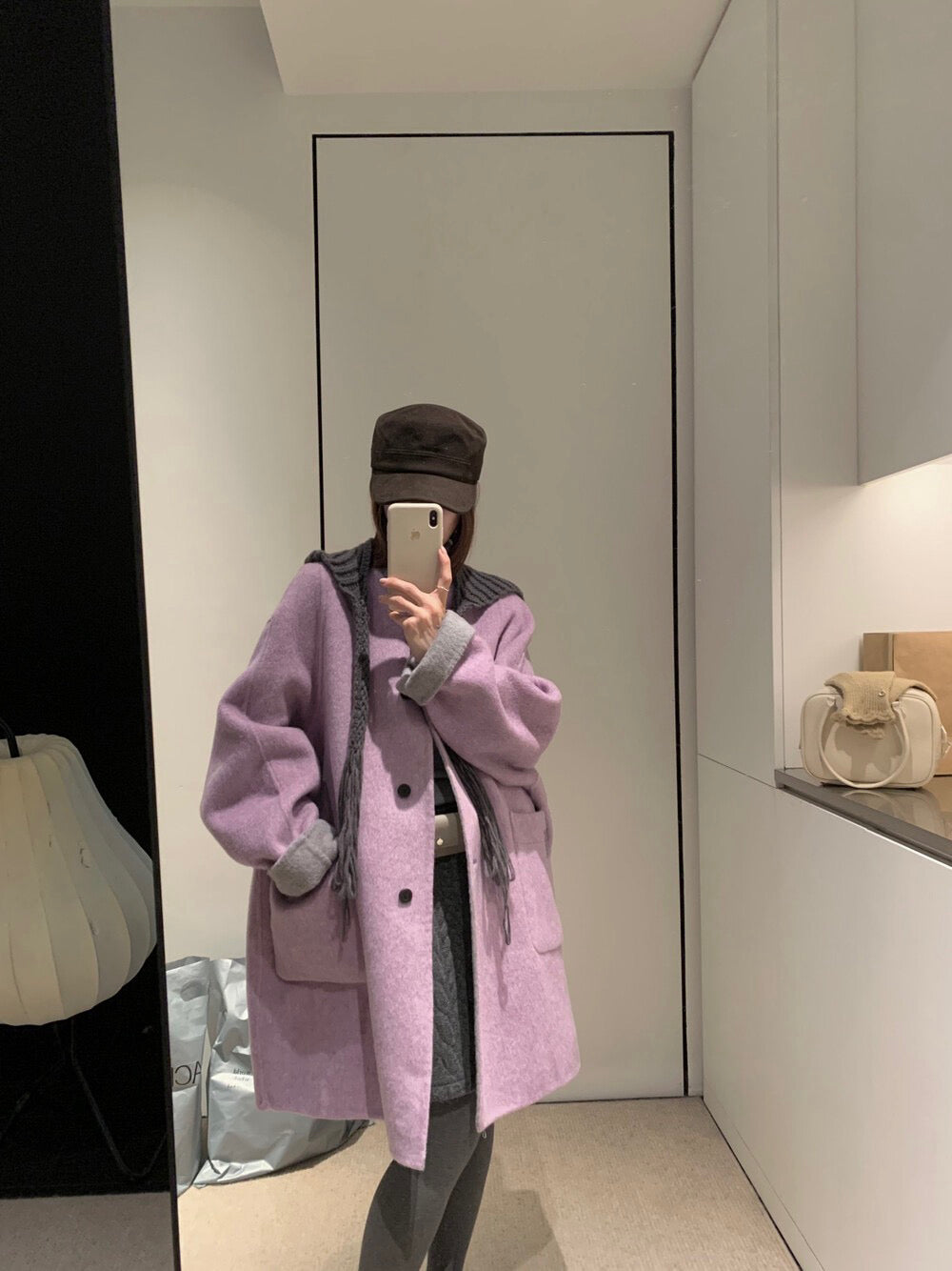 // 100%羊毛可拆針織帽內撞色手工外套