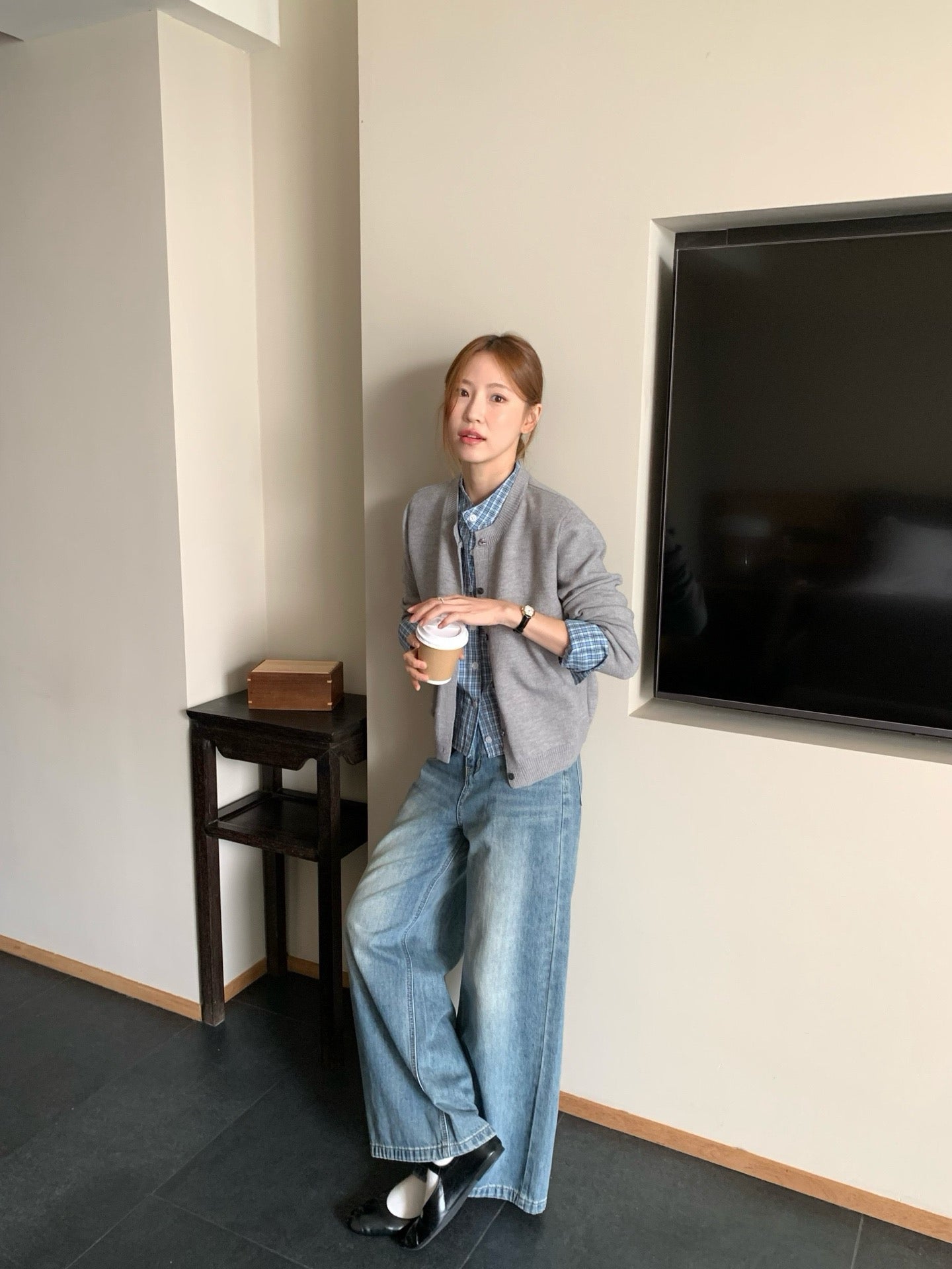 // 大熱拼接格紋恤衫假兩件上衣