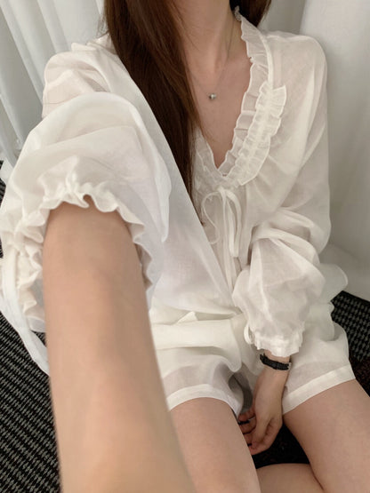 S14 / 麻質褶褶花邊綁帶袖口BL+短褲防曬套裝￼