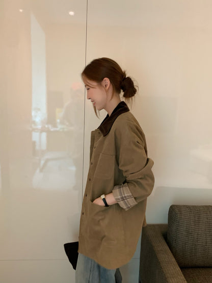 // 絨面領拼燈芯絨格紋拼布中長外套