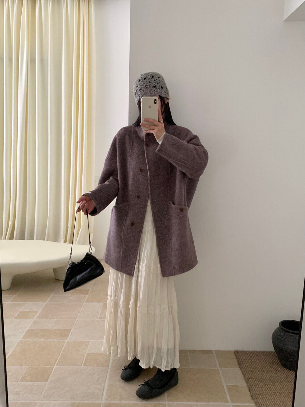 // 立領簡約風100%羊毛手工雙面中長外套