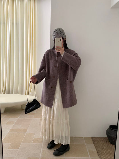 // 立領簡約風100%羊毛手工雙面中長外套