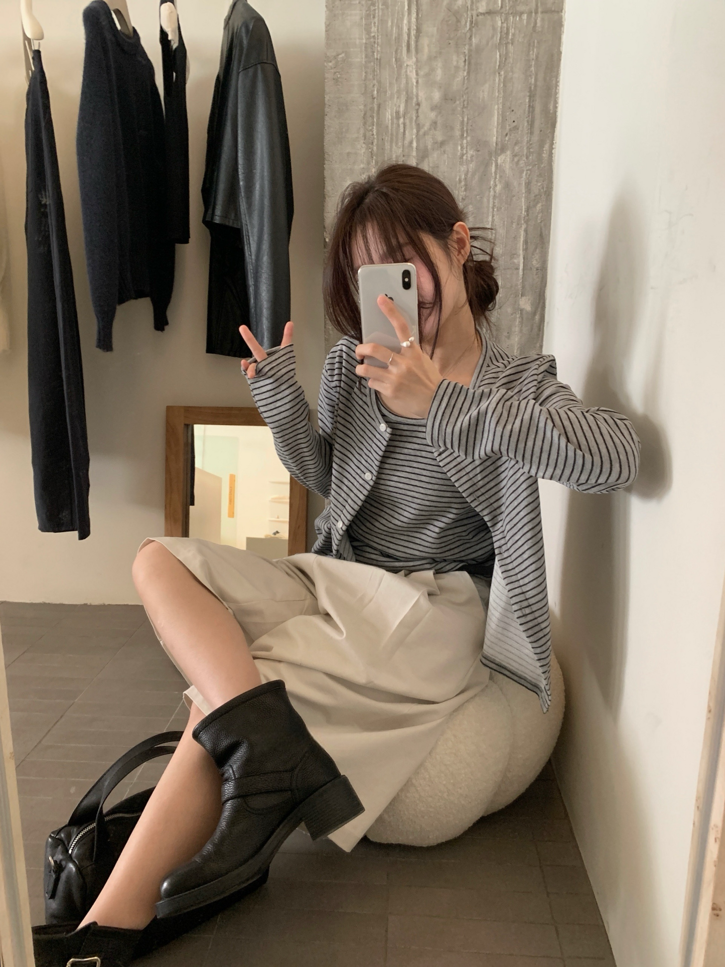 // 慵懶親膚間條吊帶+外套套裝